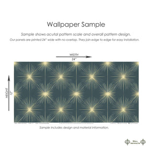 Celestial Gold Sparkle wallpaper sample with Mid-Century Modern starburst design on teal-blue background, 24x12 inches.