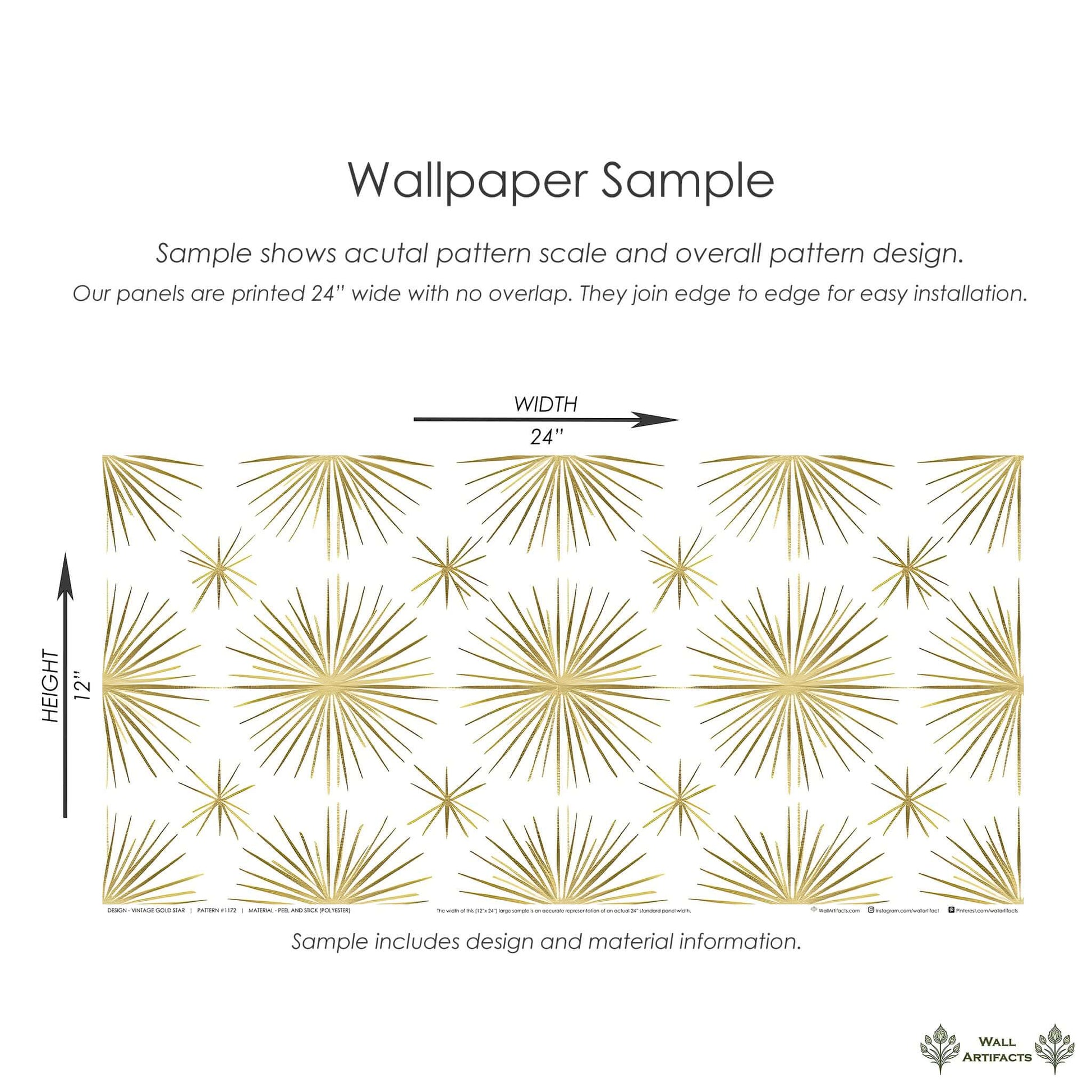 Mid-Century Modern retro gold starburst wallpaper sample with white background, perfect for accent walls and classic decor.
