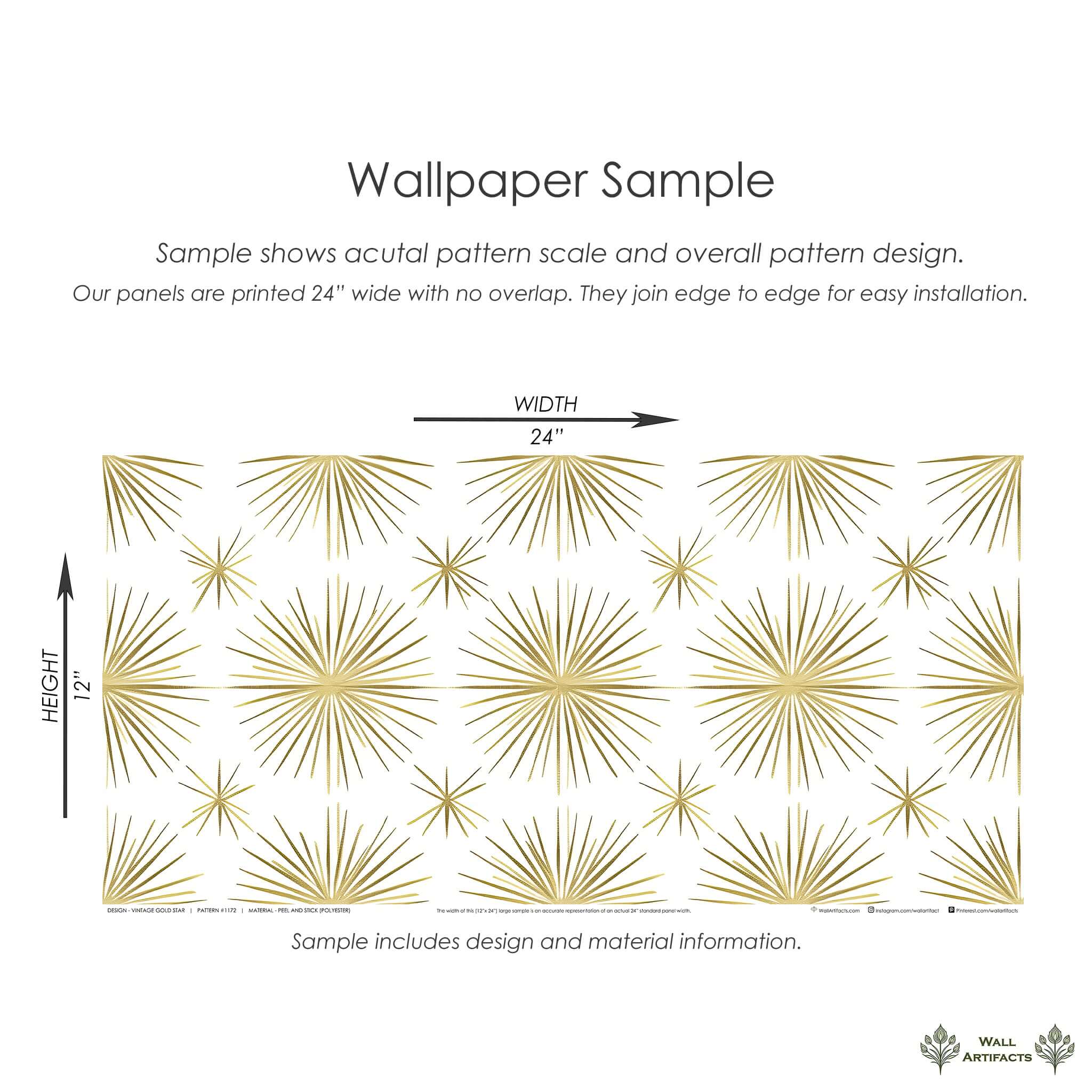 Mid-Century Modern retro gold starburst wallpaper sample with white background, perfect for accent walls and classic decor.