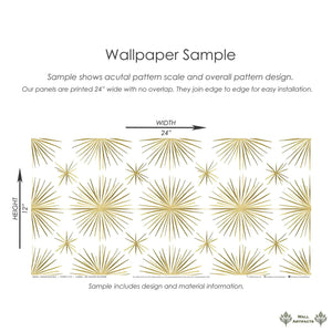 Mid-Century Modern retro gold starburst wallpaper sample with white background, perfect for accent walls and classic decor.