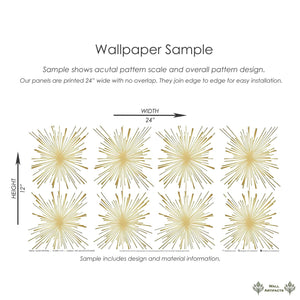 Sample of Gilded Fireworks wallpaper featuring metallic gold starburst pattern on white, ideal for Mid-Century Modern retro accent walls.