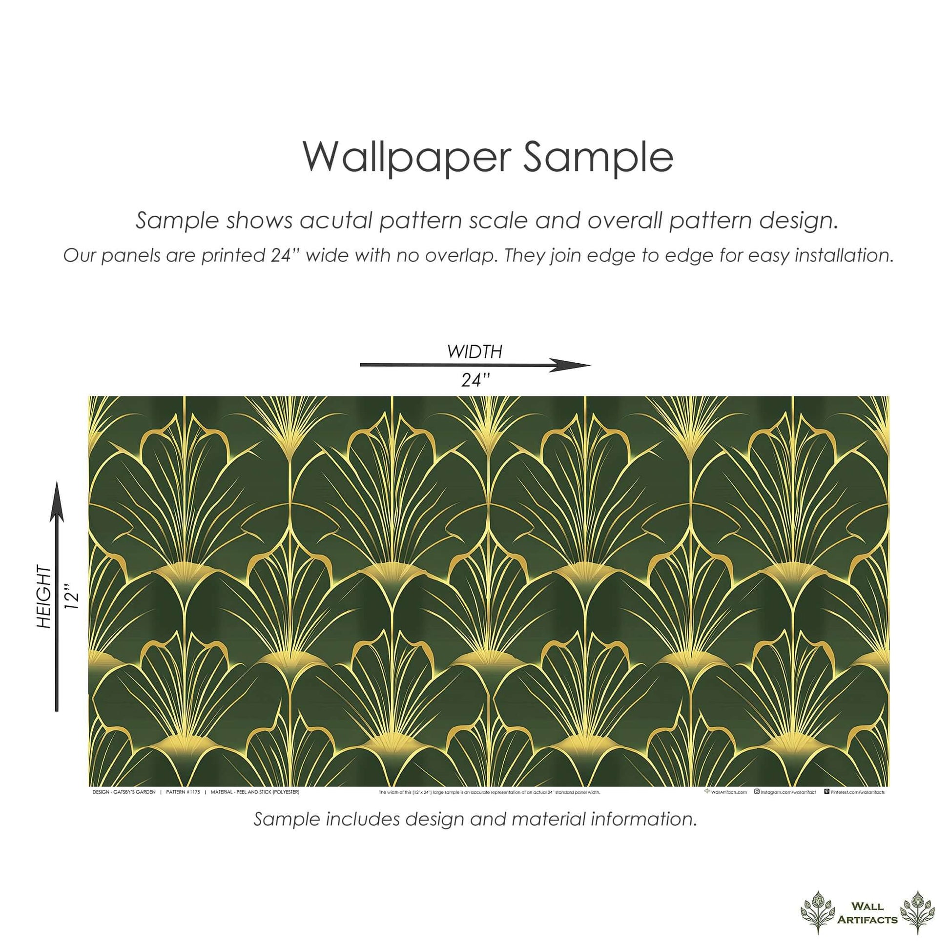Art deco wallpaper sample featuring gold fan motifs on emerald green by Wall Artifacts, measuring 24x12 inches.