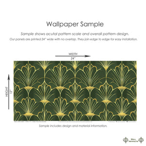 Art deco wallpaper sample featuring gold fan motifs on emerald green by Wall Artifacts, measuring 24x12 inches.