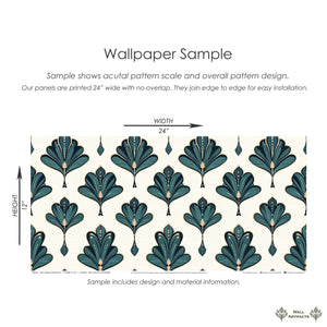 Art Deco emerald wallpaper sample with fan leaf pattern, showcasing a vintage design with gold accents from Wall Artifacts.