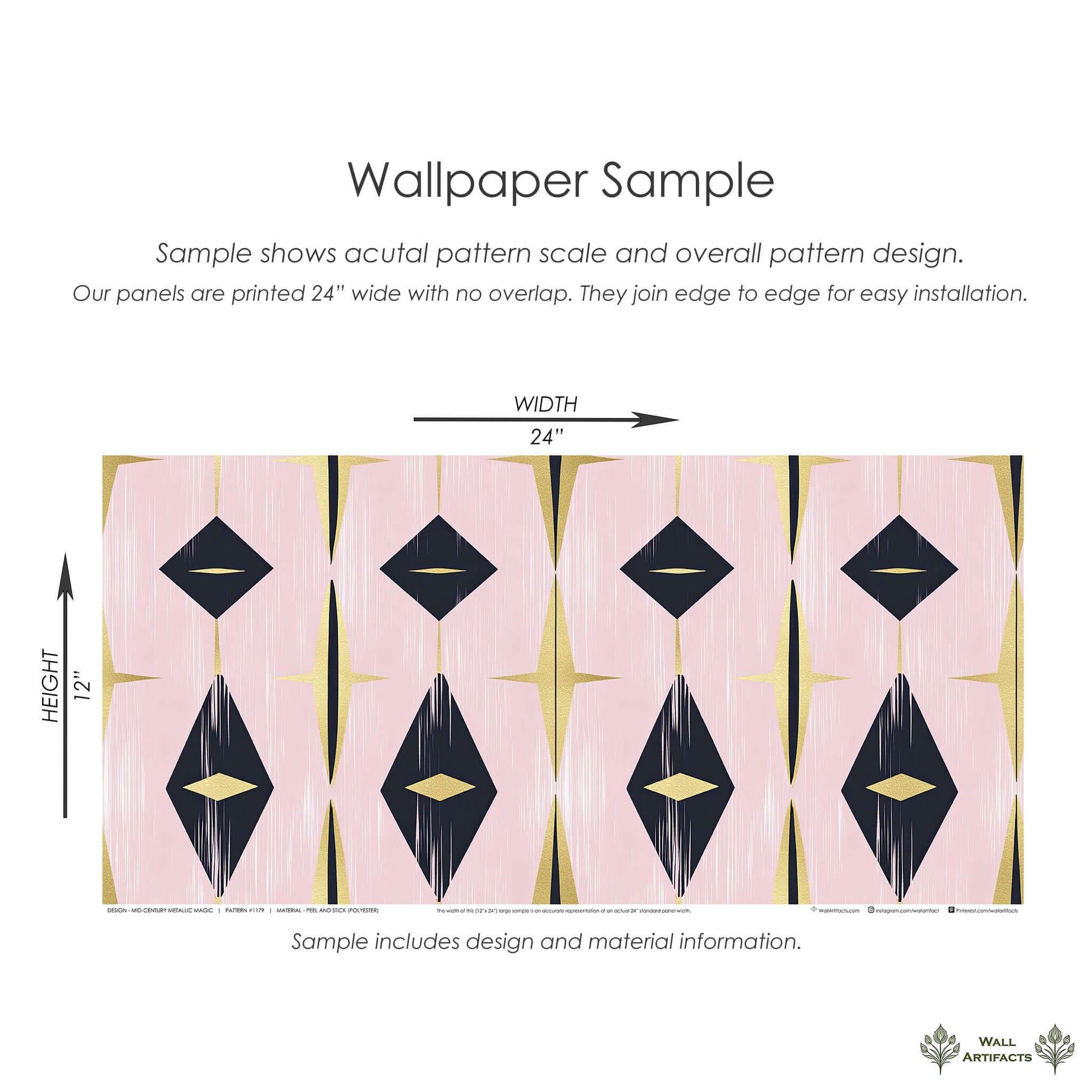 Mid-Century Modern Retro wallpaper sample with black, gold, and pink geometric design for stylish interiors.