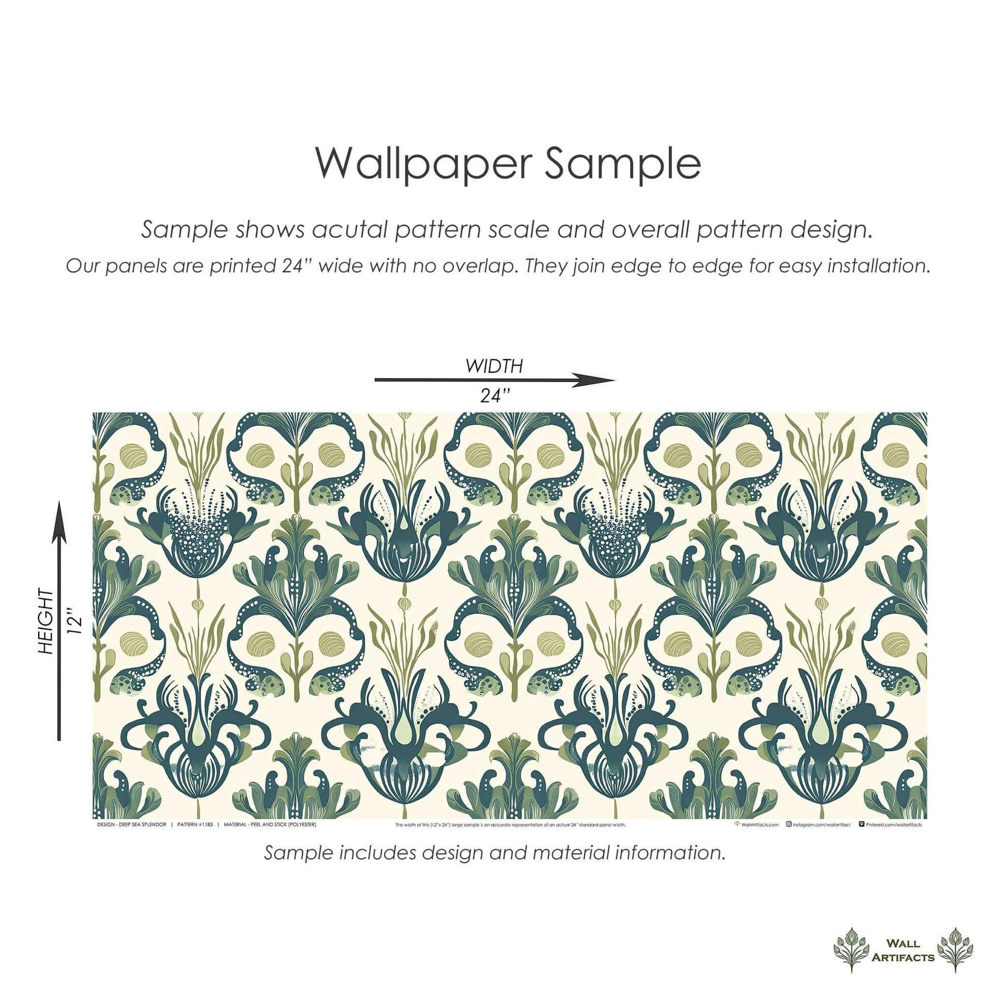 Deep Sea Splendor wallpaper sample featuring octopus-inspired damask patterns in oceanic greens for coastal vintage design.
