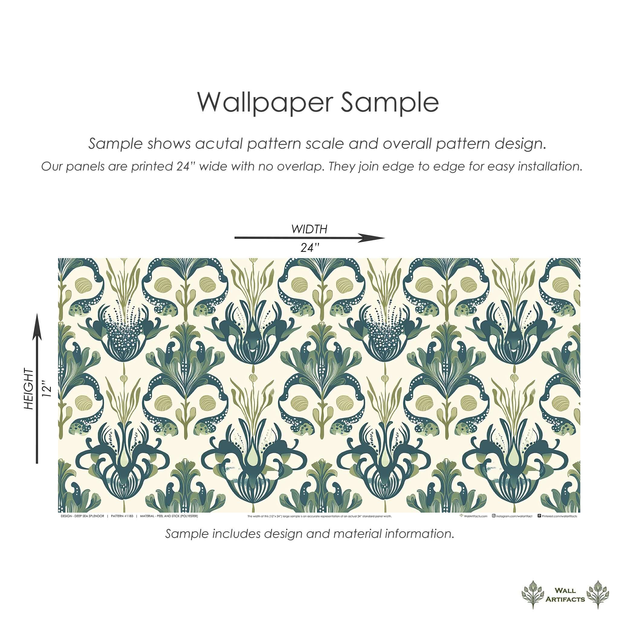 Deep Sea Splendor wallpaper sample featuring octopus-inspired damask patterns in oceanic greens for coastal vintage design.