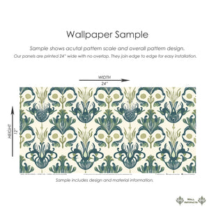 Deep Sea Splendor wallpaper sample featuring octopus-inspired damask patterns in oceanic greens for coastal vintage design.