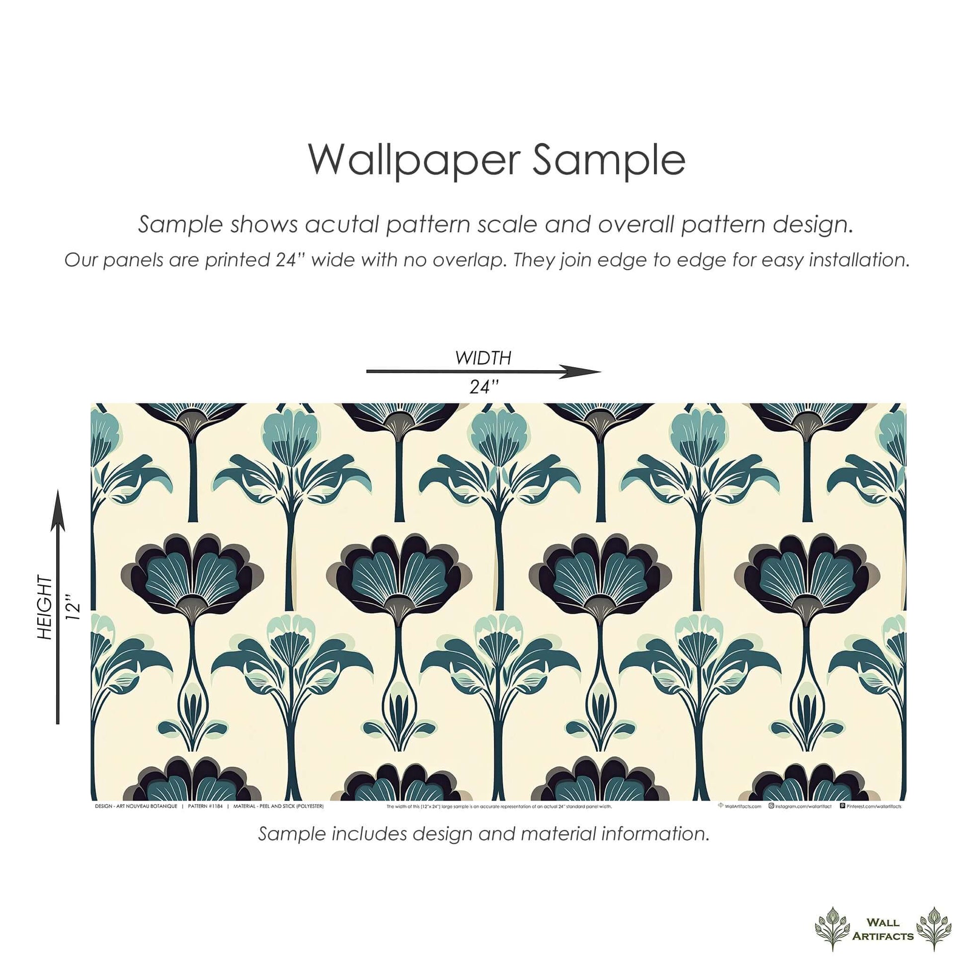 Art Nouveau Botanique wallpaper sample with teal and cream floral pattern, showcasing modern design inspired by early 20th-century décor.