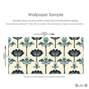 Art Nouveau Botanique wallpaper sample with teal and cream floral pattern, showcasing modern design inspired by early 20th-century décor.