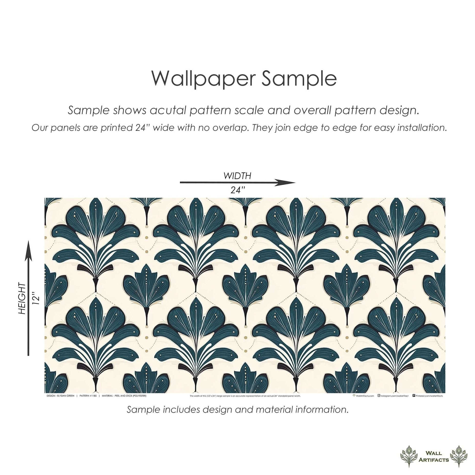Elysian Green Wallpaper with Art Nouveau floral design, featuring stylized botanical patterns in emerald on cream, measuring 24x12 inches.