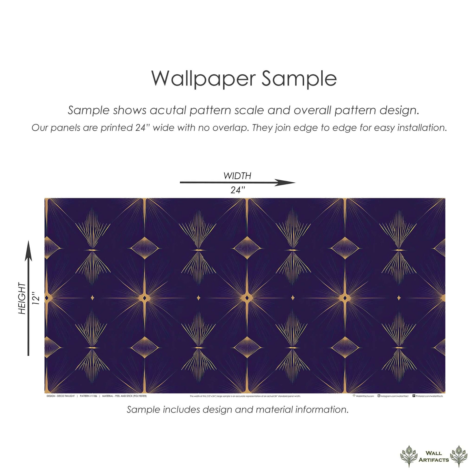 Deco Twilight bold art deco wallpaper sample with geometric golden patterns, 24x12 inches, ideal for accent walls. Wall Artifacts design.