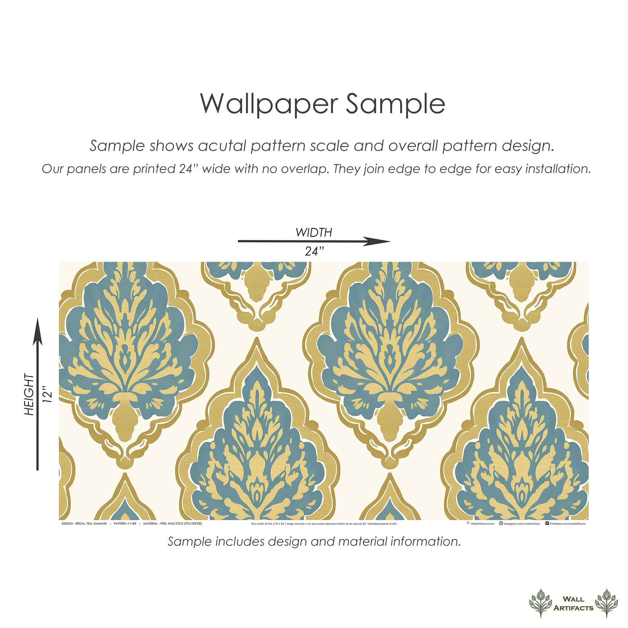 Regal Teal Damask Wallpaper Sample with Vintage Design in Teal and Gold on Neutral Background by Wall Artifacts