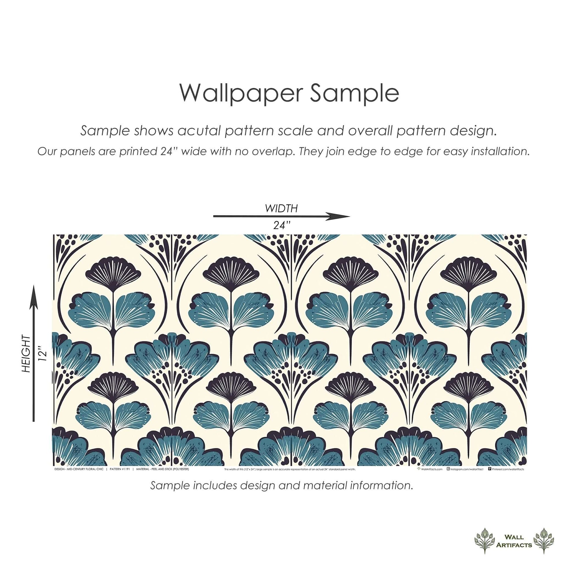 Mid-Century Floral Chic wallpaper sample with teal and black damask florals on cream background, showcasing pattern and scale.