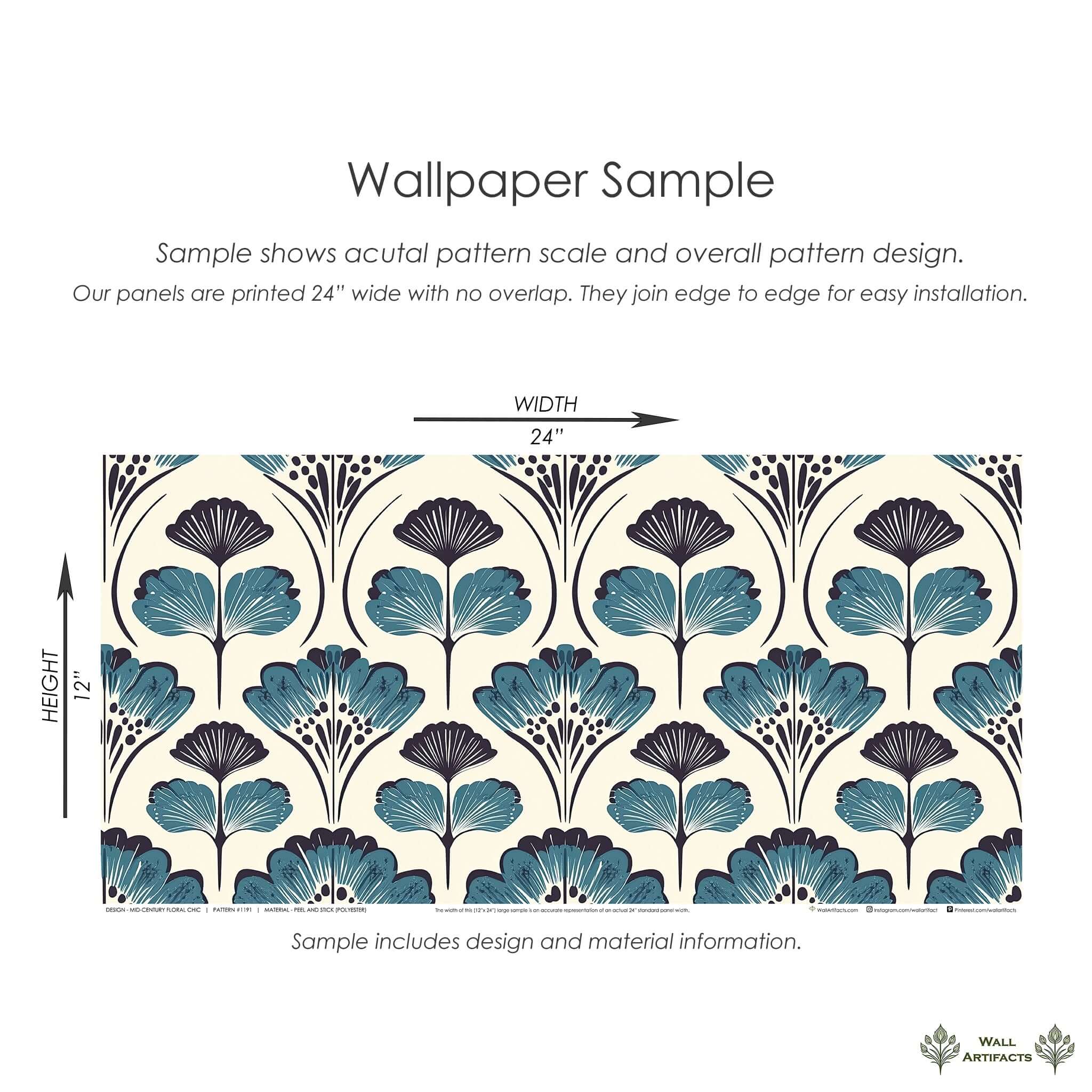 Mid-Century Floral Chic wallpaper sample with teal and black damask florals on cream background, showcasing pattern and scale.