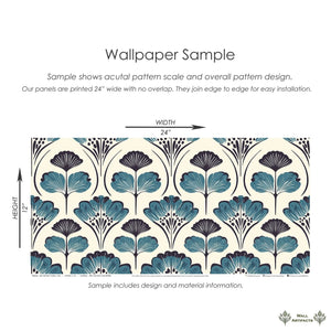 Mid-Century Floral Chic wallpaper sample with teal and black damask florals on cream background, showcasing pattern and scale.