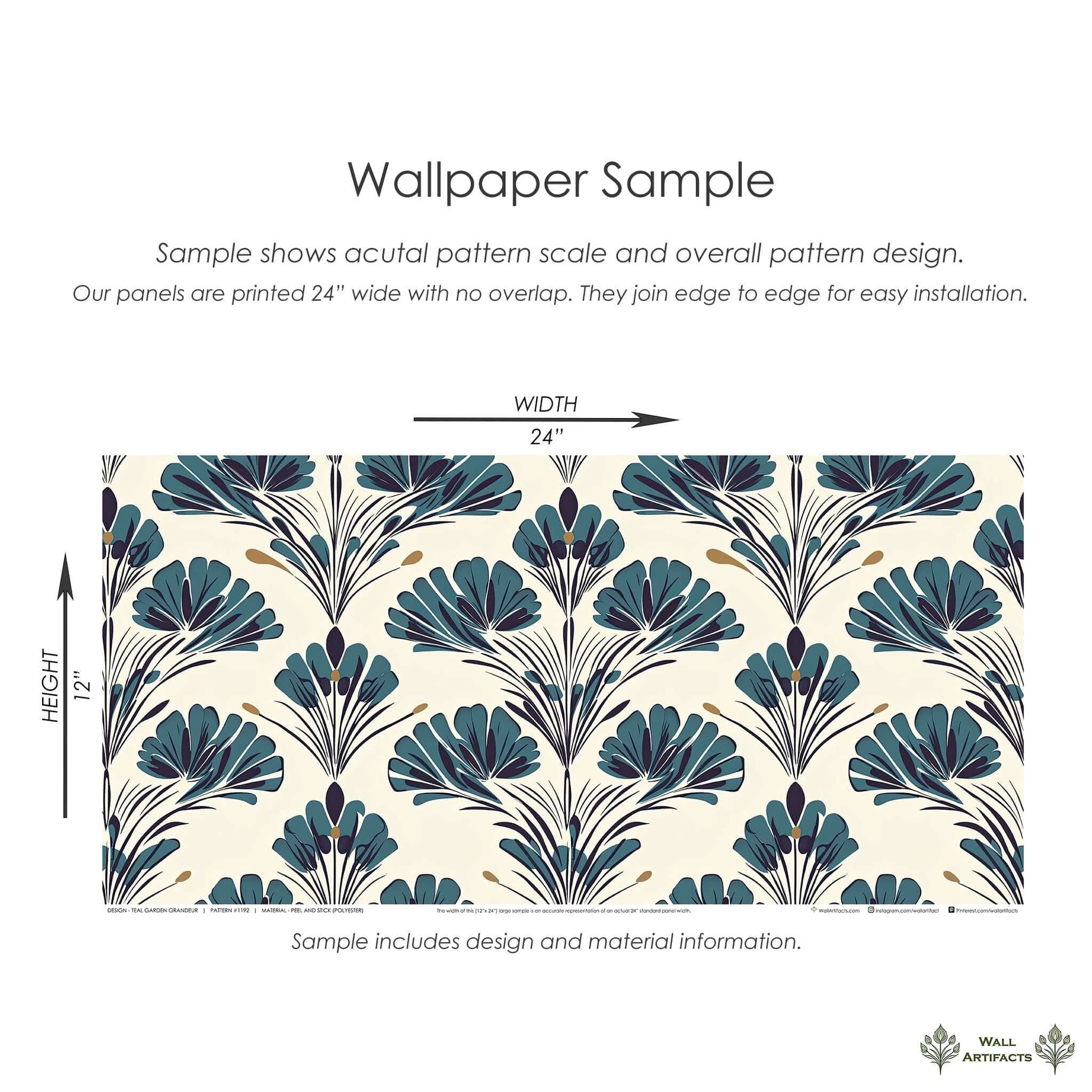 Teal Garden Grandeur wallpaper sample with teal floral damask design on ivory background, ideal for mid-century decor.