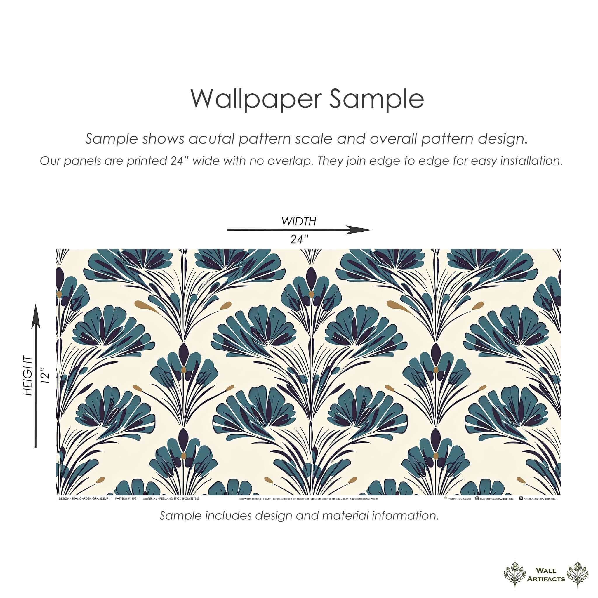 Teal Garden Grandeur wallpaper sample with teal floral damask design on ivory background, ideal for mid-century decor.