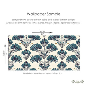 Teal Garden Grandeur wallpaper sample with teal floral damask design on ivory background, ideal for mid-century decor.