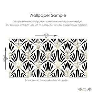 Deco Dynasty wallpaper sample with black and white Art Deco geometric fan motifs and gold lines; ideal for sophisticated design spaces.