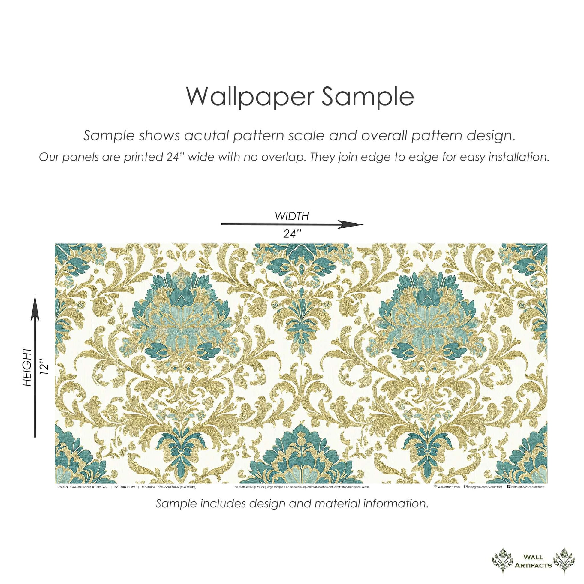 Golden Tapestry Revival wallpaper sample with teal and gold damask floral design, ideal for classic and timeless interiors.