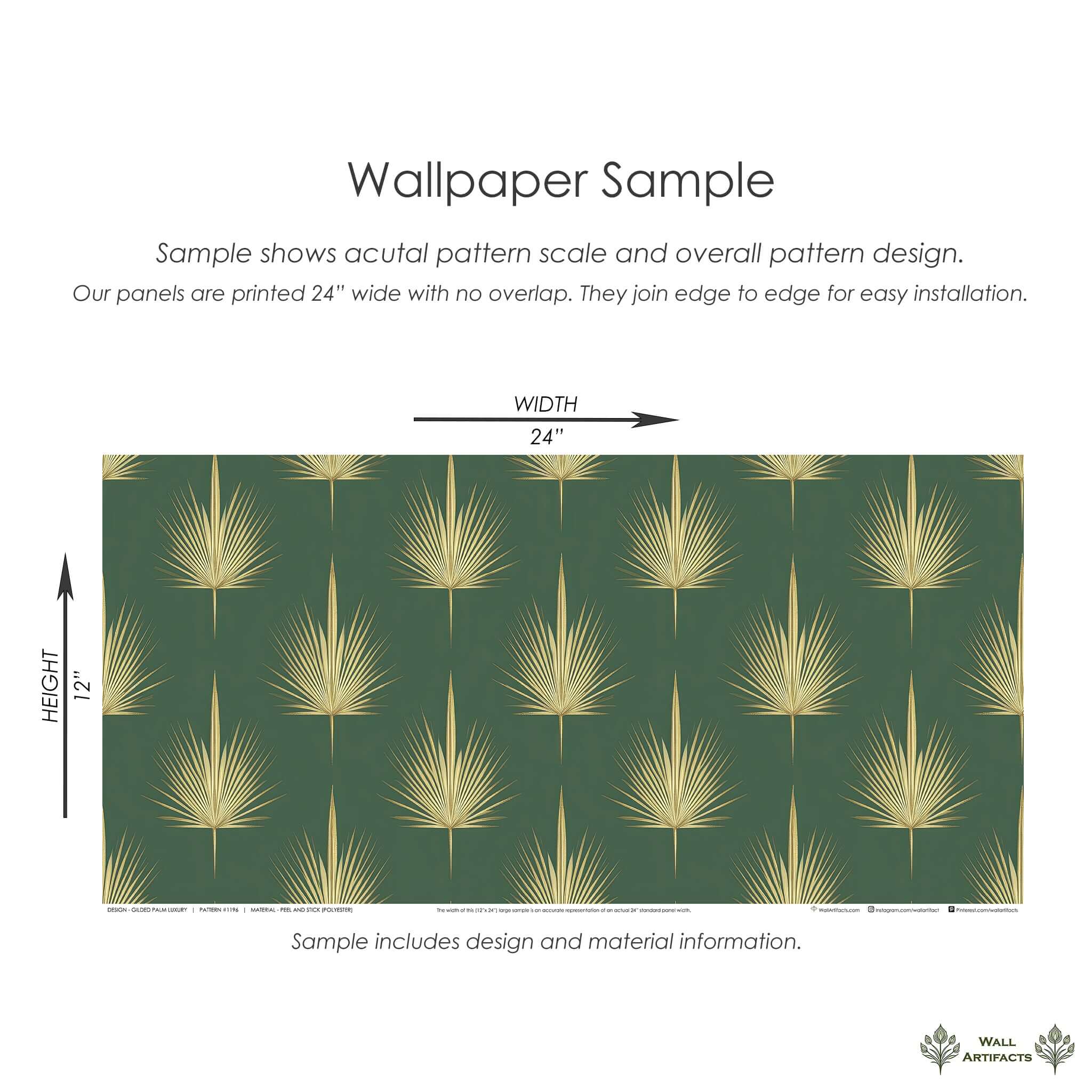 Gilded Palm Luxury Wallpaper sample with golden palm fronds on green, showcasing Art Deco elegance. 24x12 inches panel.