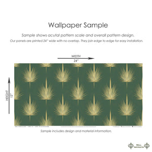 Gilded Palm Luxury Wallpaper sample with golden palm fronds on green, showcasing Art Deco elegance. 24x12 inches panel.