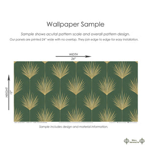 Gold Leaf Tropics wallpaper sample with Art Deco palm leaves on green background.