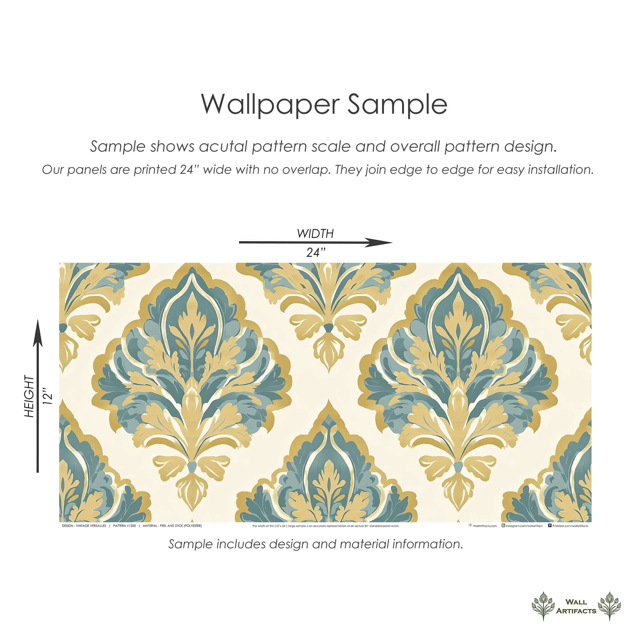Vintage Versailles damask wallpaper sample in teal and gold on a tan background, showcasing classic and timeless elegance.