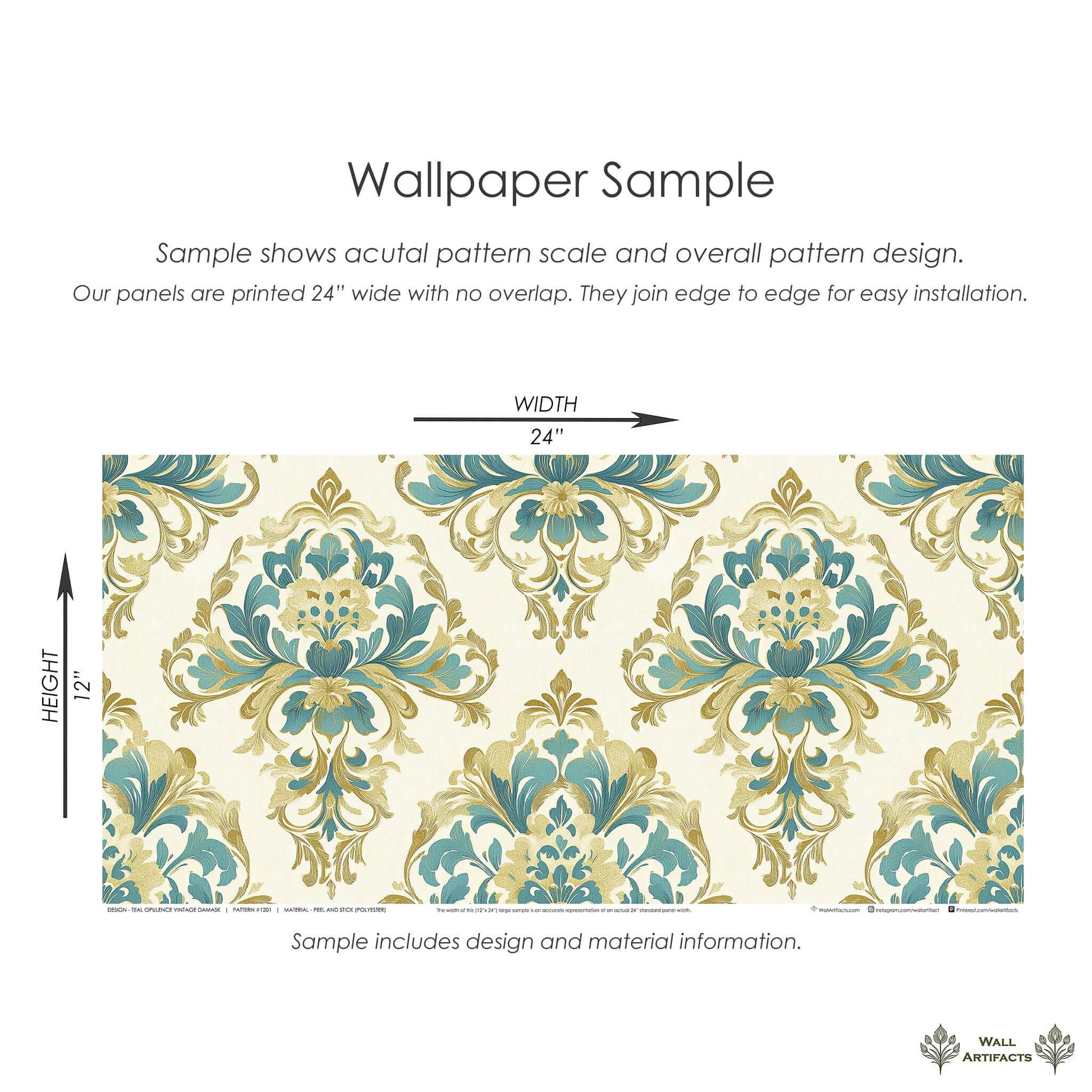 Teal Opulence Vintage Damask Wallpaper sample in teal, gold, and tan classic floral motifs on ivory background.