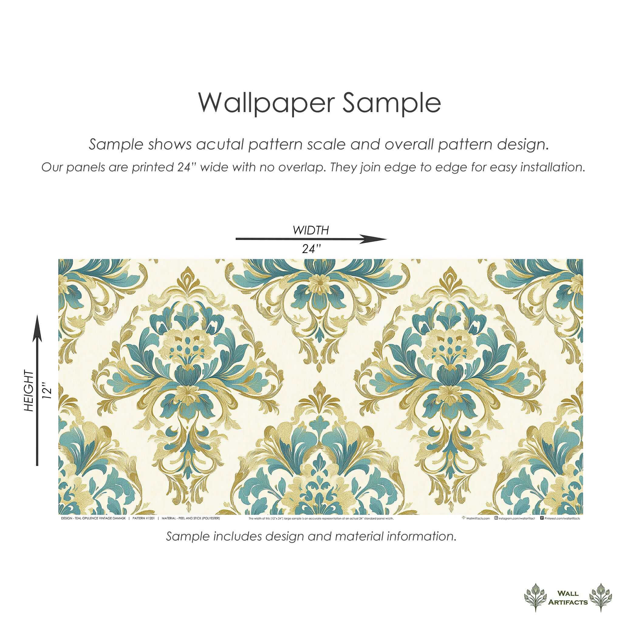 Teal Opulence Vintage Damask Wallpaper sample in teal, gold, and tan classic floral motifs on ivory background.