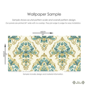 Teal Opulence Vintage Damask Wallpaper sample in teal, gold, and tan classic floral motifs on ivory background.