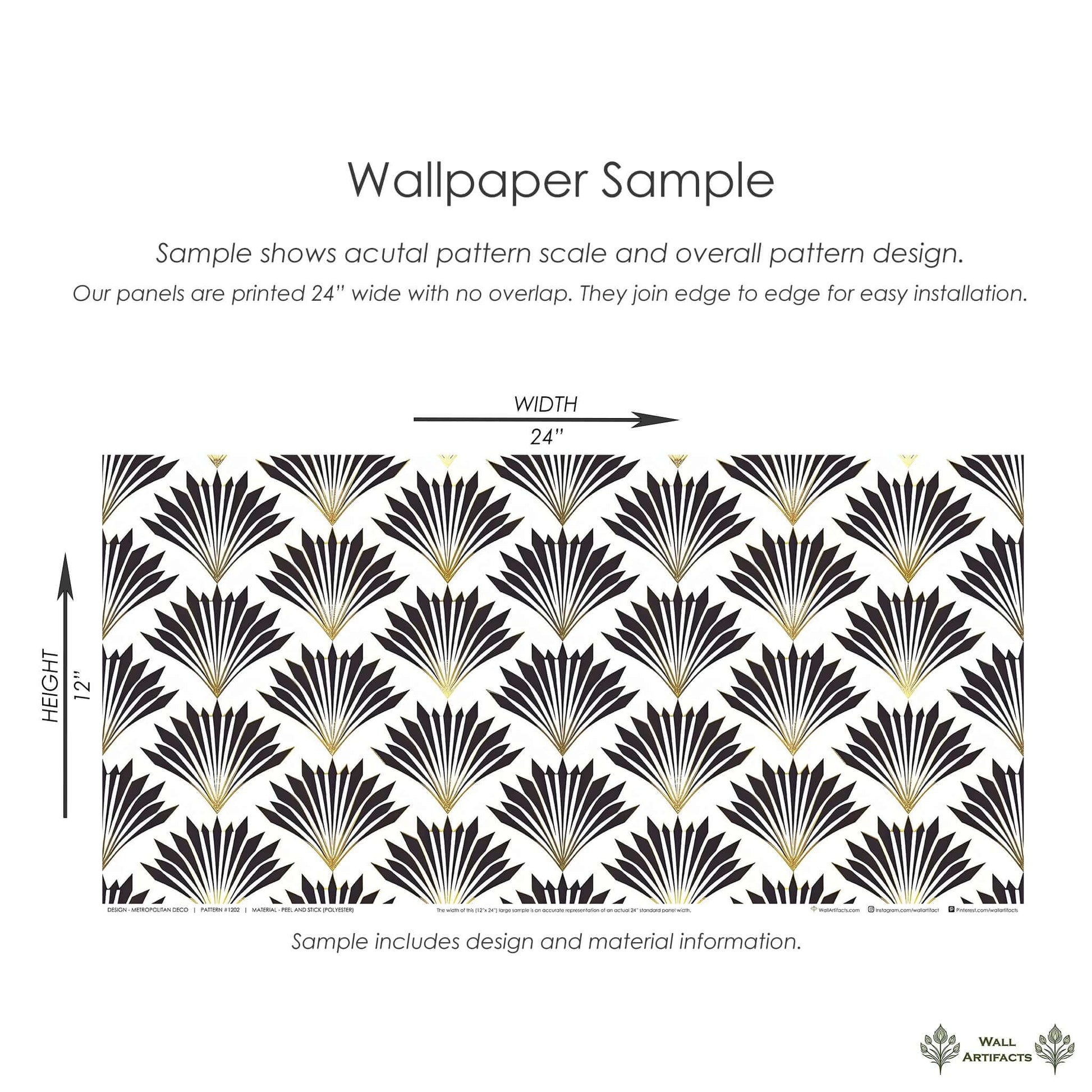 Metropolitan Deco wallpaper sample featuring art deco black and gold fan motifs on white; vintage geometric design.