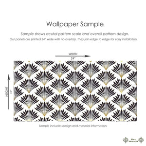 Metropolitan Deco wallpaper sample featuring art deco black and gold fan motifs on white; vintage geometric design.