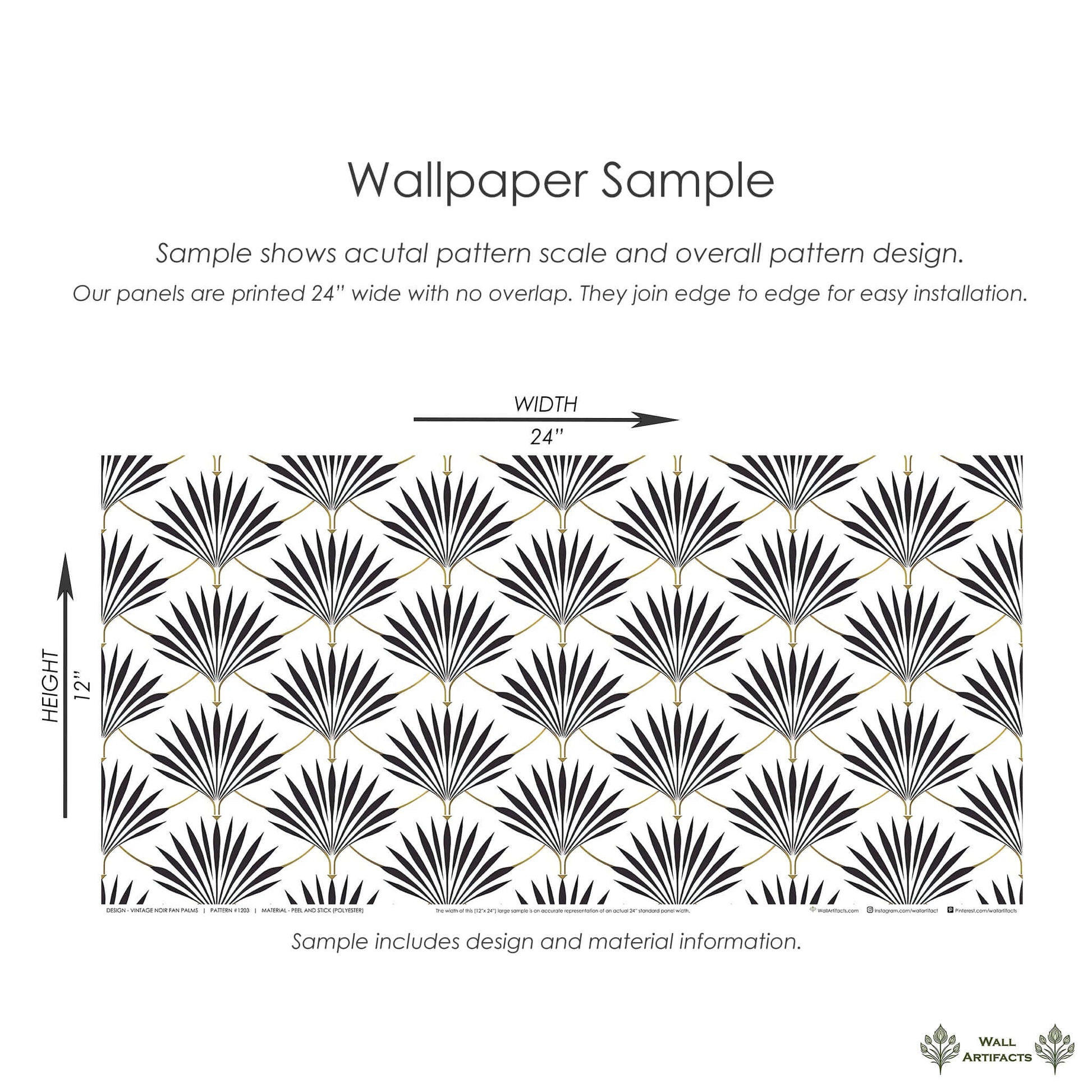 Vintage Noir Fan Palms Wallpaper Sample - Art Deco black-and-white geometric design with fan palm pattern and subtle gold accents.