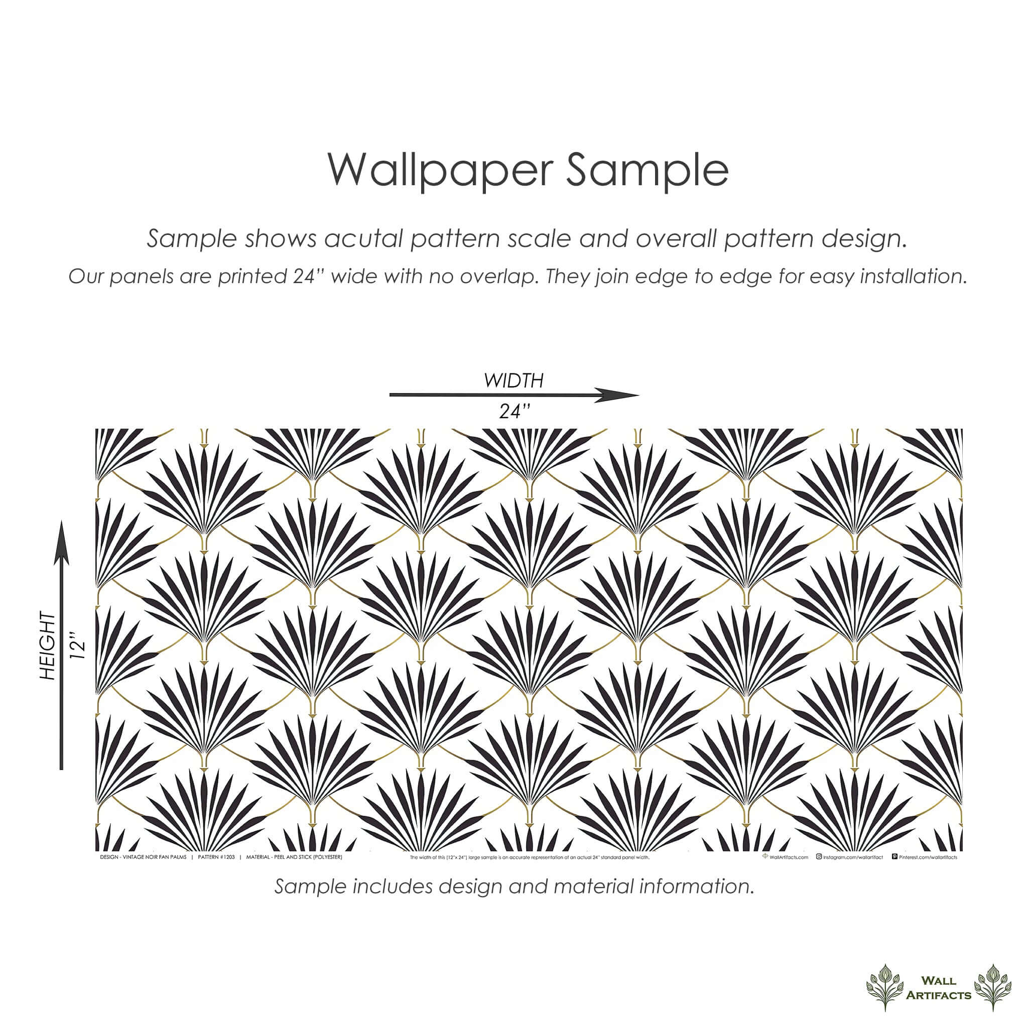 Vintage Noir Fan Palms Wallpaper Sample - Art Deco black-and-white geometric design with fan palm pattern and subtle gold accents.