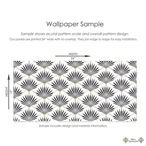 Vintage Noir Fan Palms Wallpaper Sample - Art Deco black-and-white geometric design with fan palm pattern and subtle gold accents.