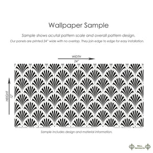 Art Deco Fan Garden Wallpaper sample with black geometric fan patterns on a white background, showcasing 1920s design elegance.