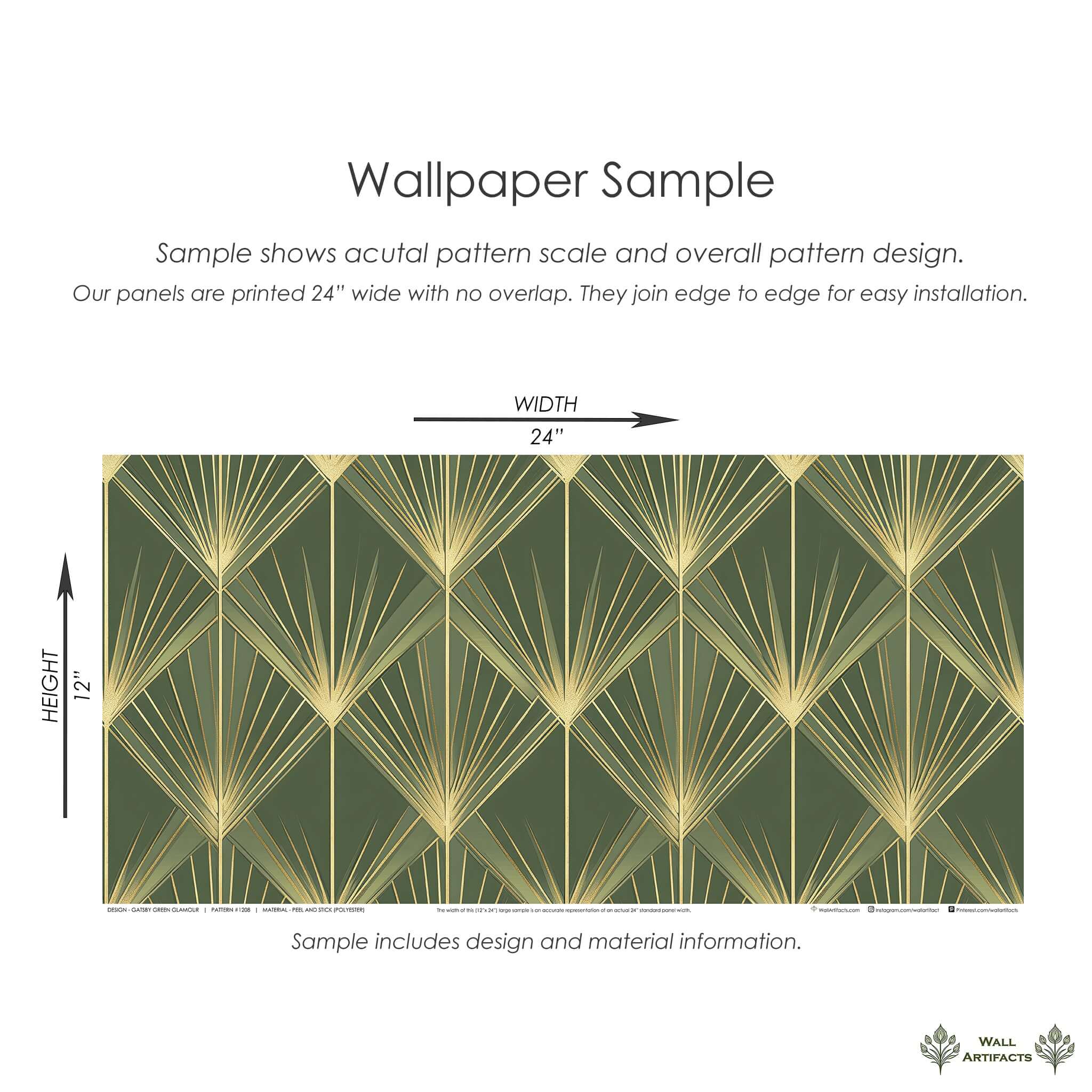 Gatsby Green Glamour Wallpaper sample showcasing Art Deco design with geometric gold palm motifs on emerald green background.