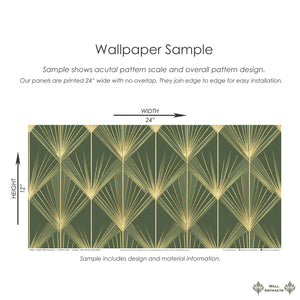 Gatsby Green Glamour Wallpaper sample showcasing Art Deco design with geometric gold palm motifs on emerald green background.