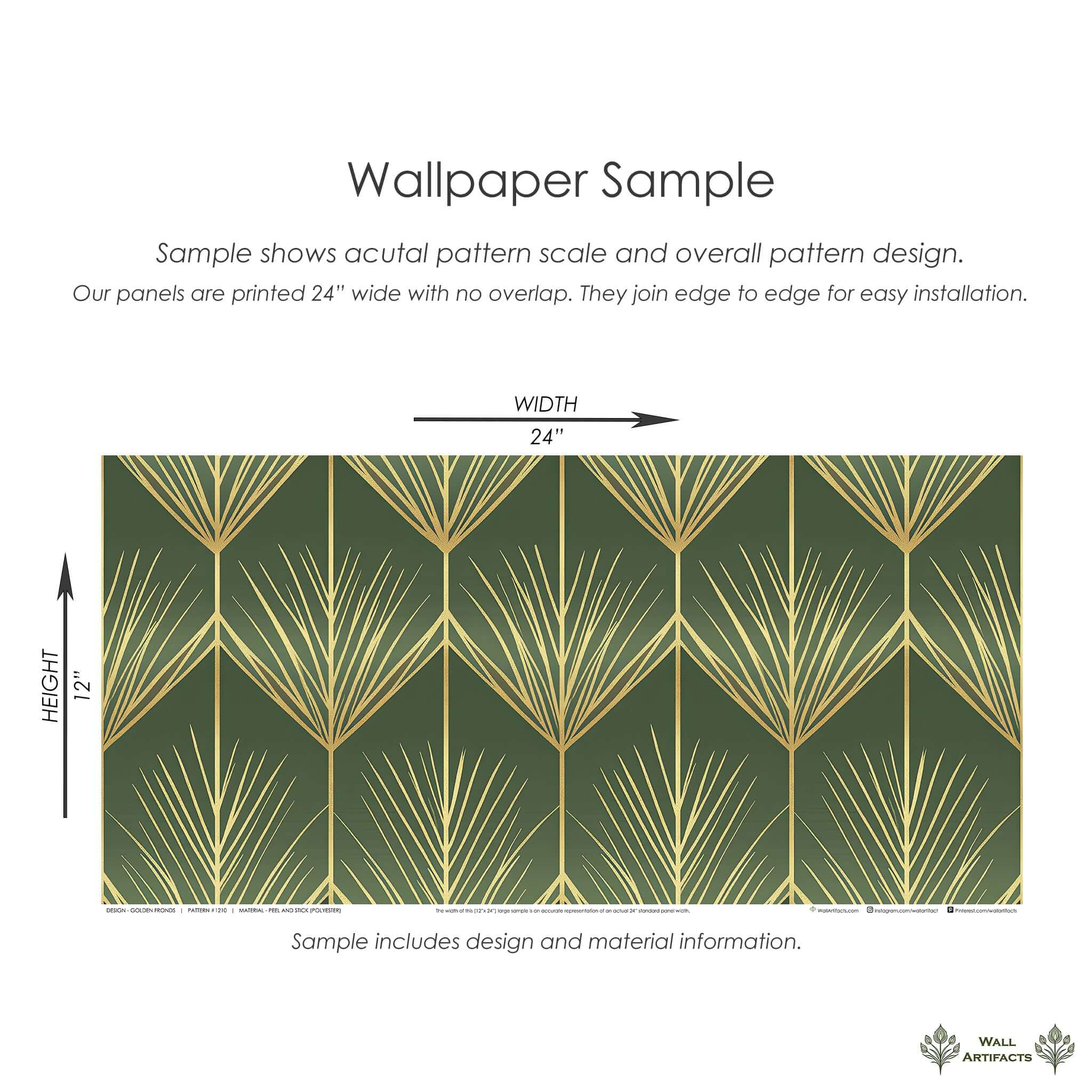 Golden Fronds wallpaper sample featuring Art Deco design with radiant gold palm fronds on a green background. Vintage design elegance.