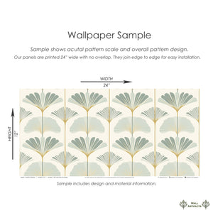 Ginkgo Harmony floral wallpaper sample with sage and gold botanical fans, ideal for modern accent walls. Coastal design elegance.