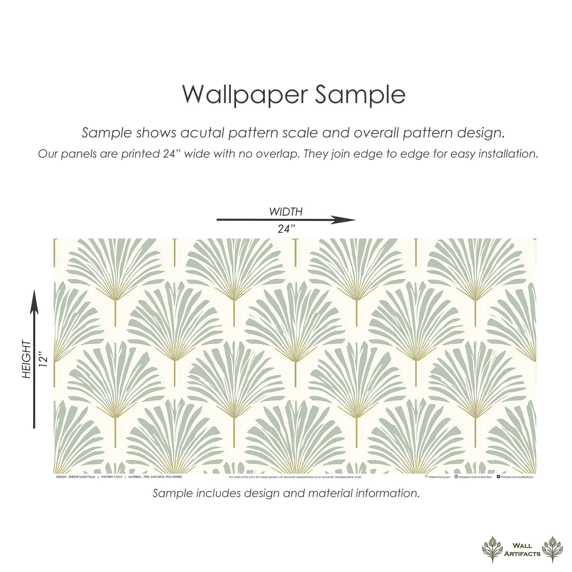 Serene Sage Palm Wallpaper sample with soft green palm fronds and golden stems for modern coastal interior design.