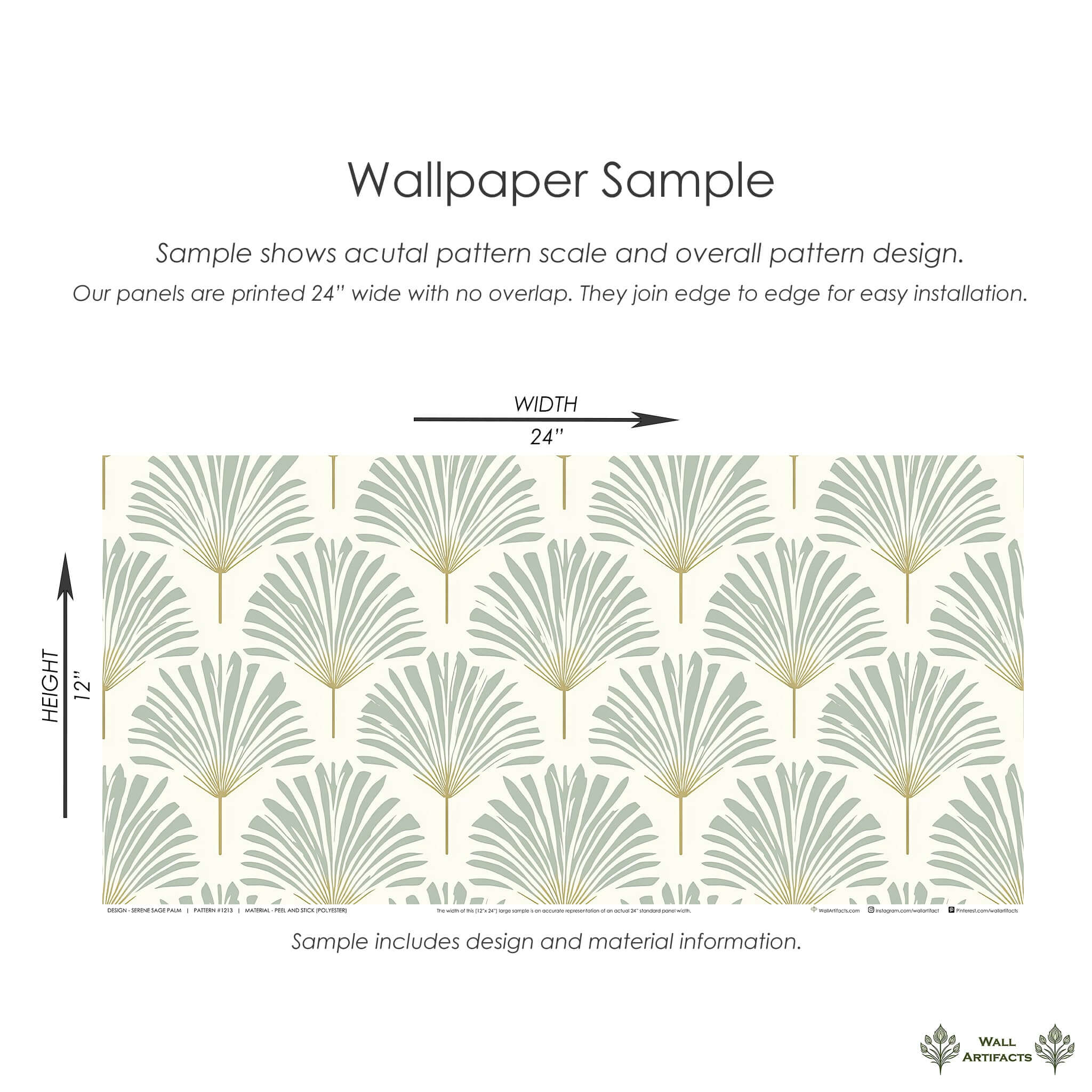 Serene Sage Palm Wallpaper sample with soft green palm fronds and golden stems for modern coastal interior design.