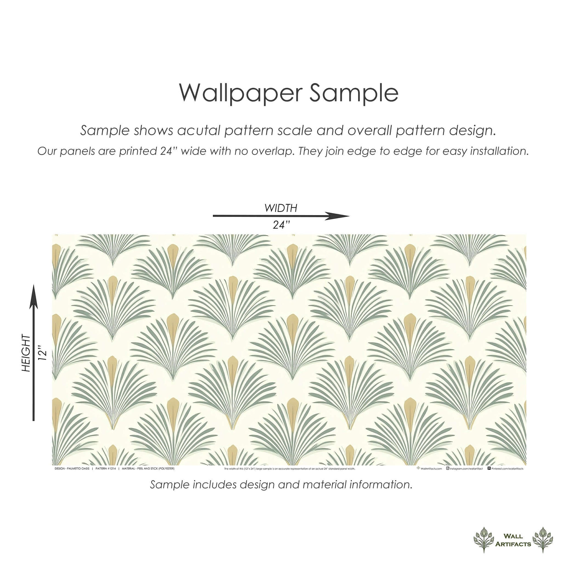 Palmetto Oasis wallpaper sample with symmetrical palm frond pattern in sage and gold, ideal for coastal, modern design spaces.