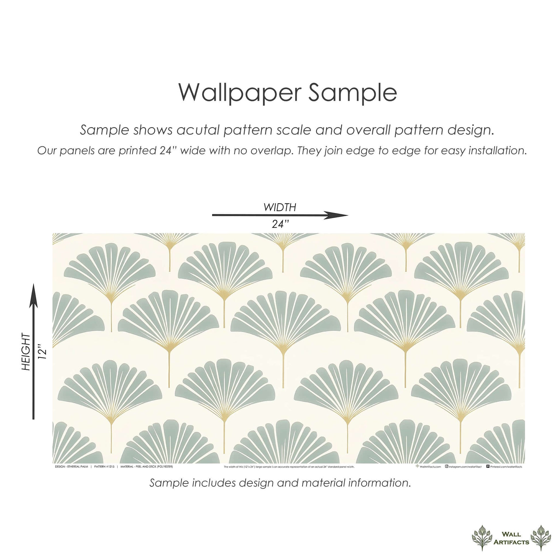 "Ethereal Palm" wallpaper sample showing modern coastal design with stylized palm fronds in sage and gold, 24x12 inches.