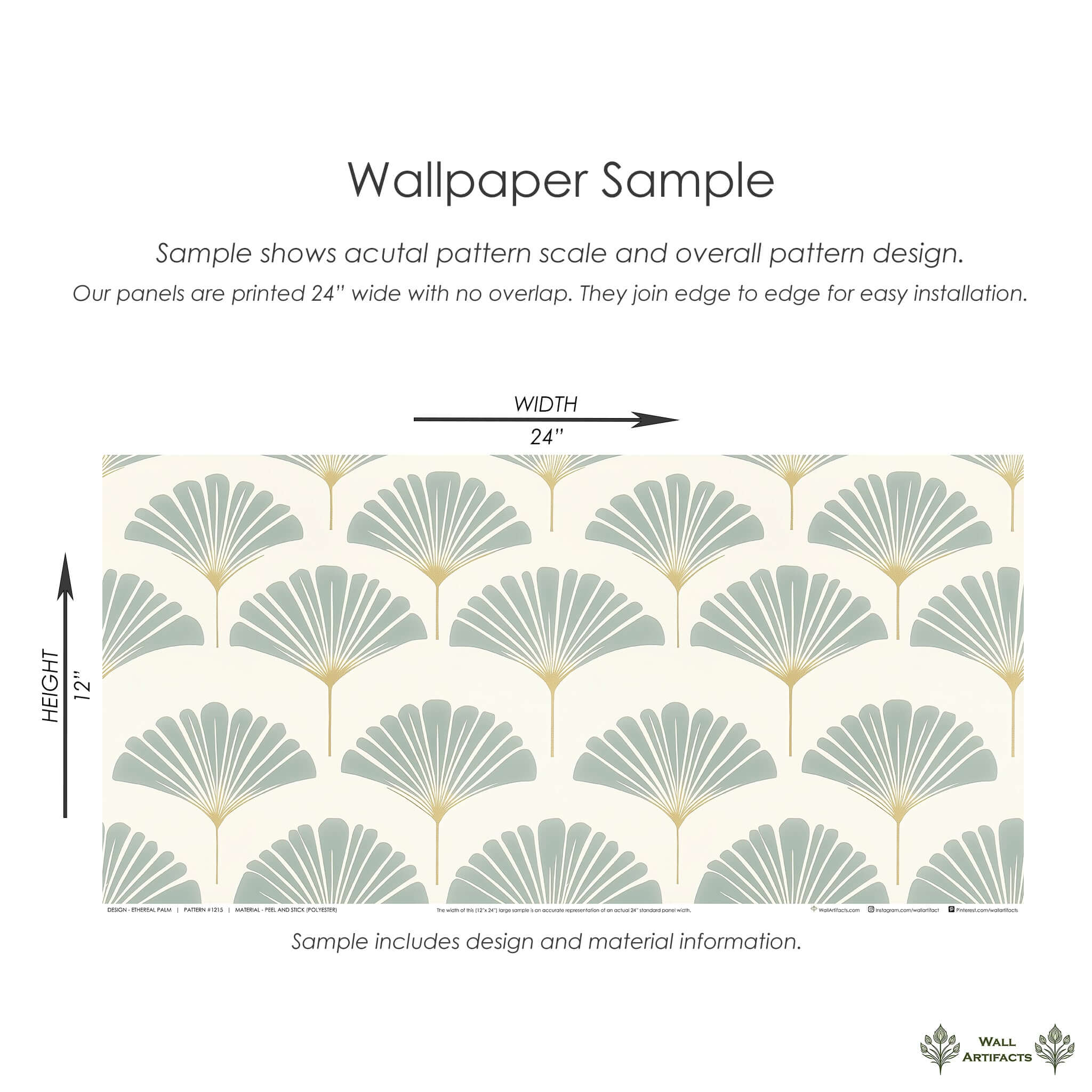 "Ethereal Palm" wallpaper sample showing modern coastal design with stylized palm fronds in sage and gold, 24x12 inches.
