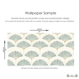 "Ethereal Palm" wallpaper sample showing modern coastal design with stylized palm fronds in sage and gold, 24x12 inches.
