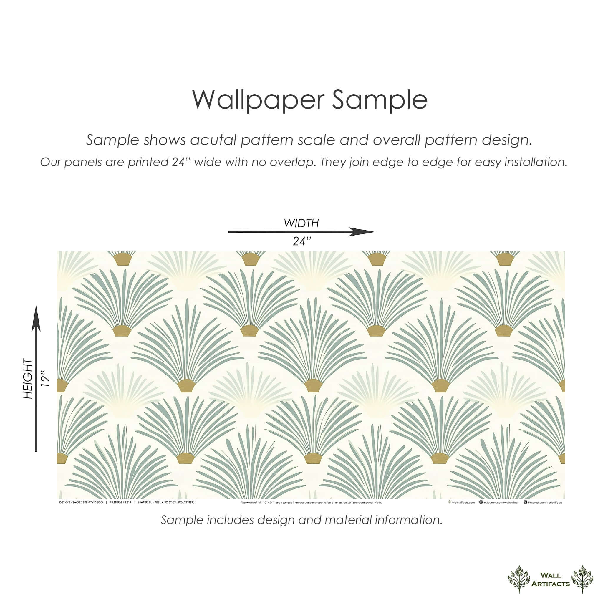 Sage Serenity Deco wallpaper sample with palm patterns, modern coastal design, 24x12 inches.