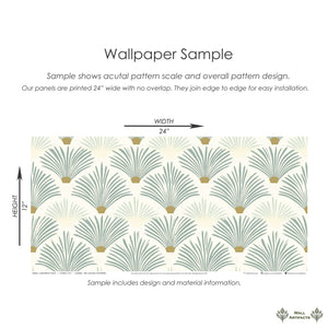 Sage Serenity Deco wallpaper sample with palm patterns, modern coastal design, 24x12 inches.